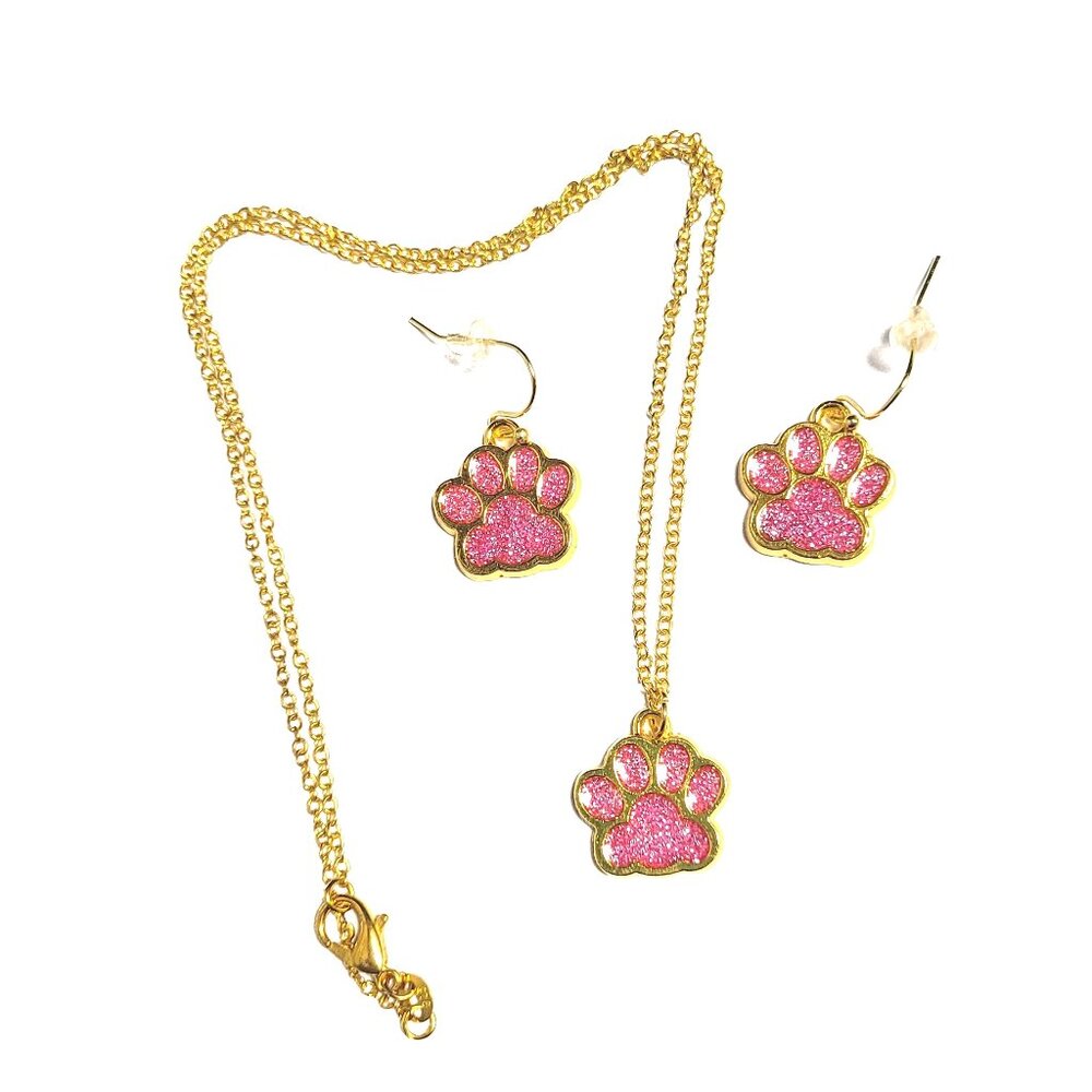 Pink Paw Sparkly Gold Plated Earrings & Necklace Set NWT
